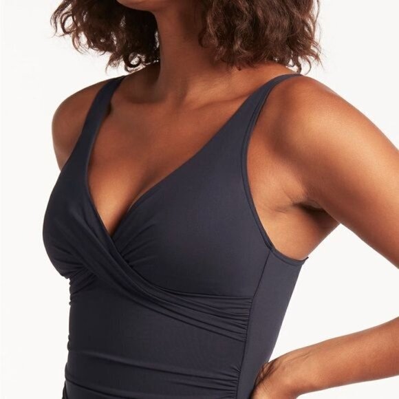 New Sea Level Eco Essentials Cross Front One Piece Swimsuit Black Ruched Sz 4 - Picture 3 of 16